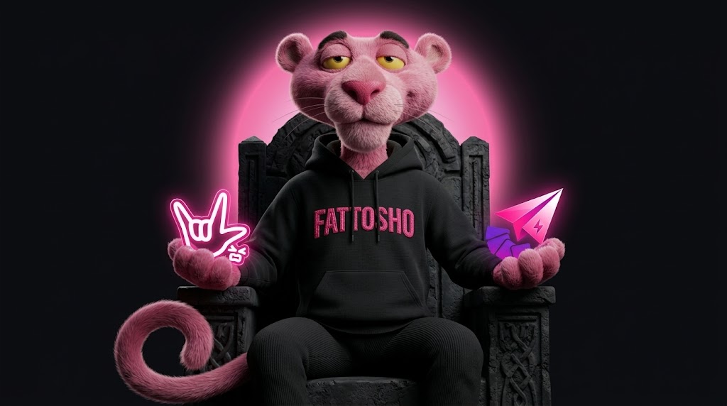 Pantera rosa Fattosho em um trono, com luzes de neon rosa.